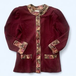 Vintage 1970s Burgundy and Gold Cardigan with Floral Accents  Size M